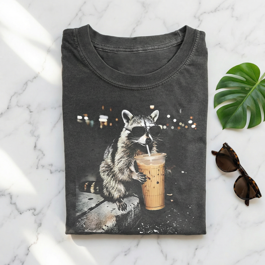 Funny Raccoon Drinking Iced Coffee T-shirt