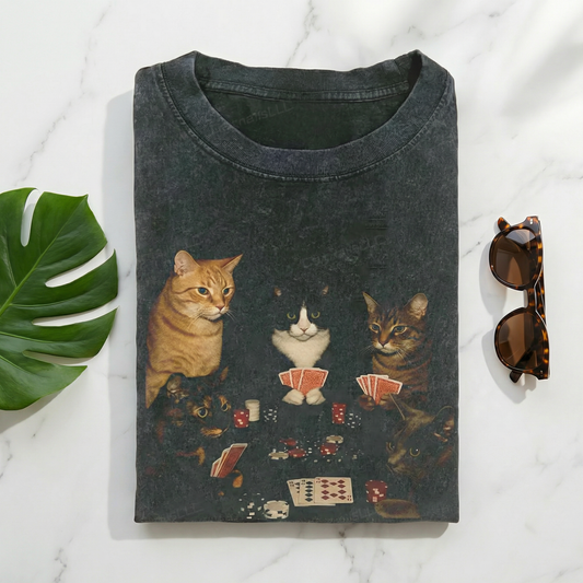 Retro Funny Cats Playing Poker Meme Graphic T-shirt