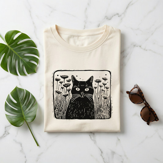 Vintage Floral Folklore Black Cat T-shirt