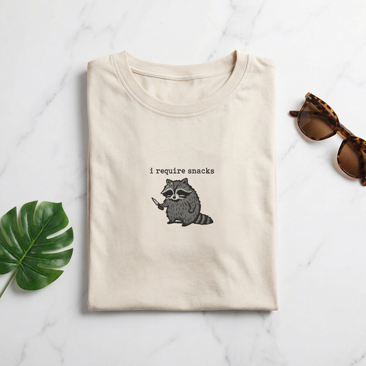 I Require Snacks Embroidered Raccoon T-shirt