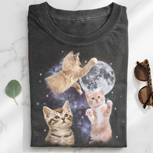 Three Cats Retro Moon Graphic T-shirt